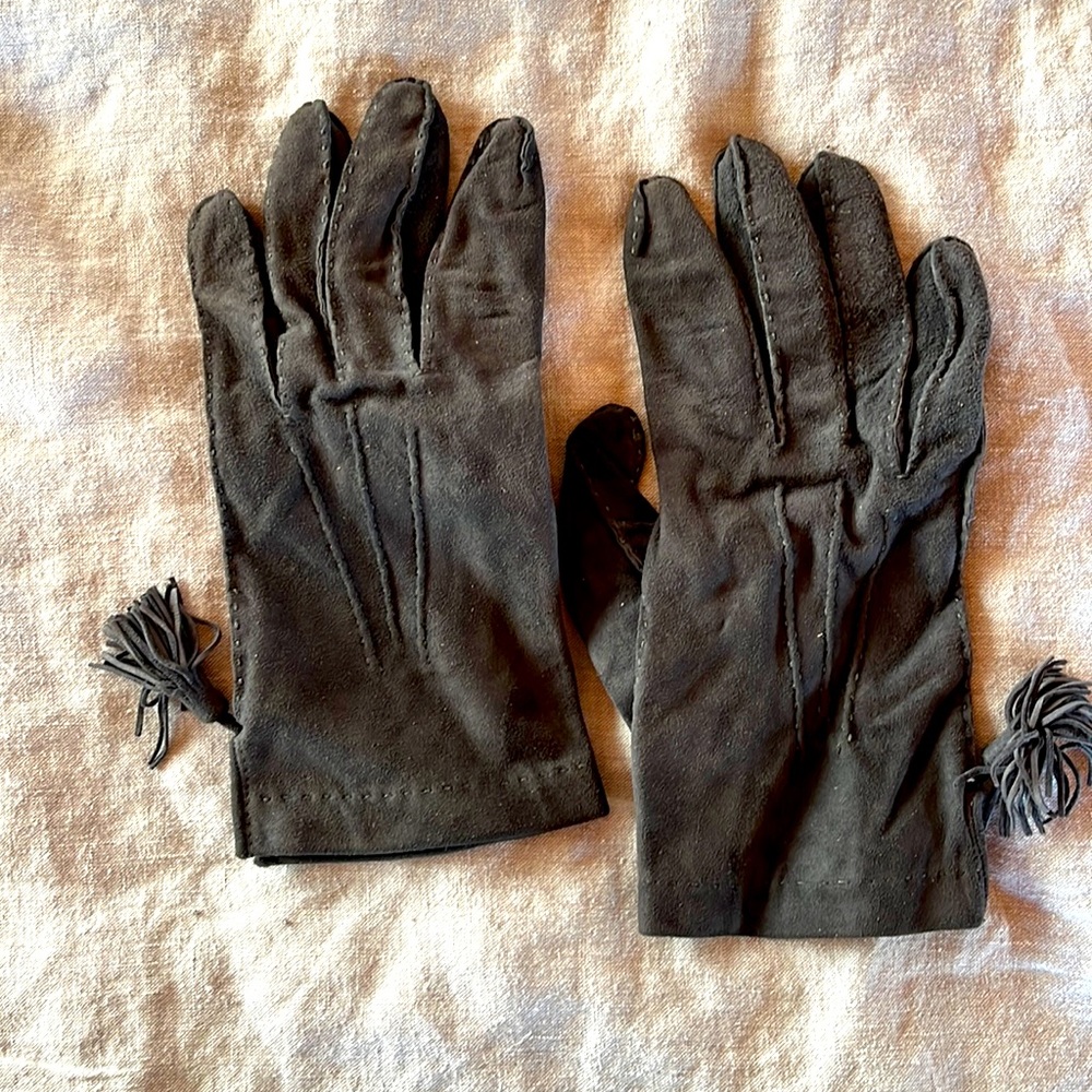 Blue gray suede gloves with tassels